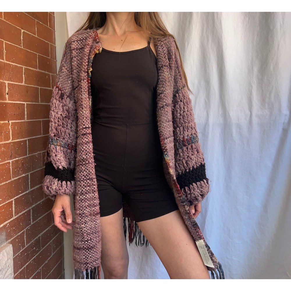 Handmade Chunky Knit Fringe Cardigan Mauve Purple Woven Boho Sweater S M